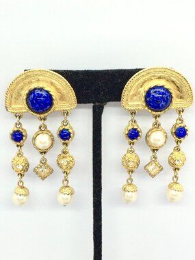 VINTAGE ETRUSCAN REVIVAL Earrings Lapis Gold Tone Blue Molded Glass Faux Pearl